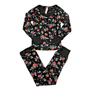 Victorias Secret Womens Black Colorful Floral Long Jane Thermal Pajamas Set XL